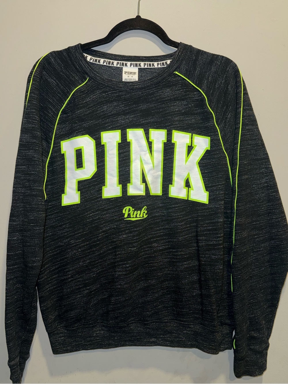 PINK Victoria's Secret Black Heather Pullover Sweatshirt with Neon Trim